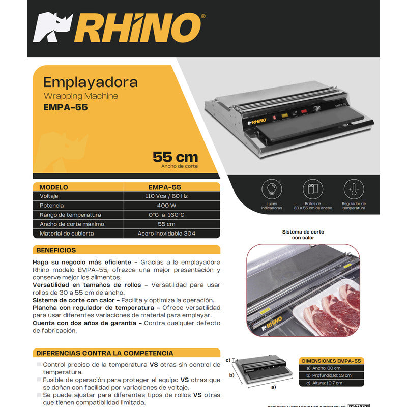 Emplayadora De Alimentos Acero Inox. Rhino Empa-55 110v/60hz