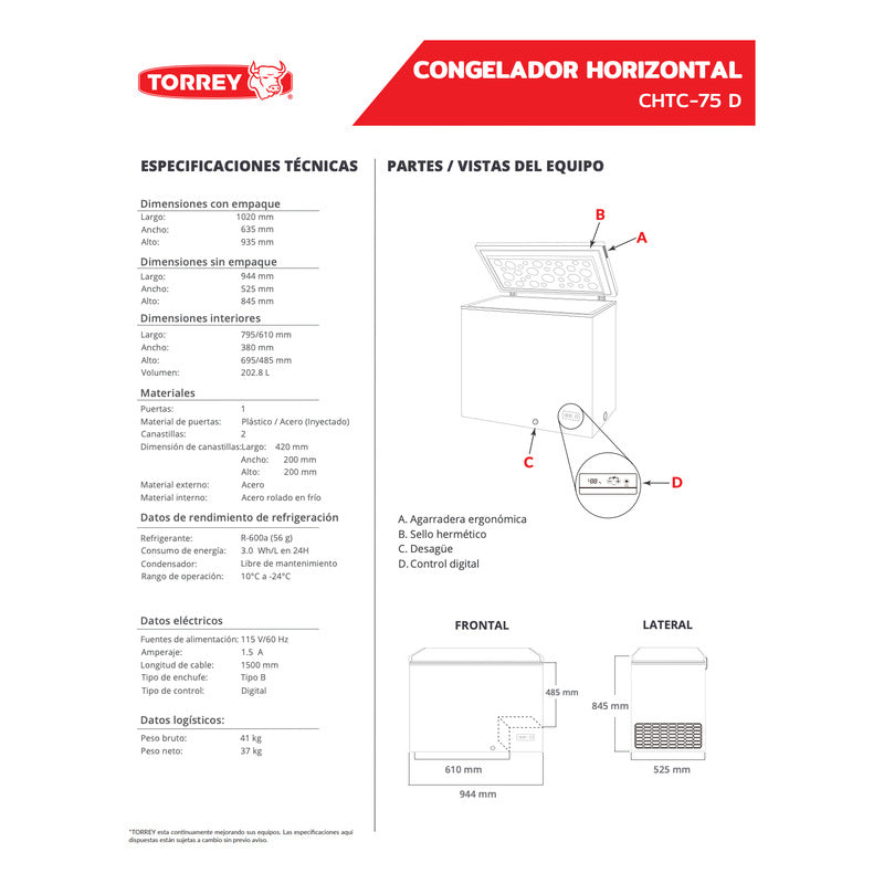 Congelador Cofre Torrey Chtc-75d 7.5 Pies Control Digital Blanco