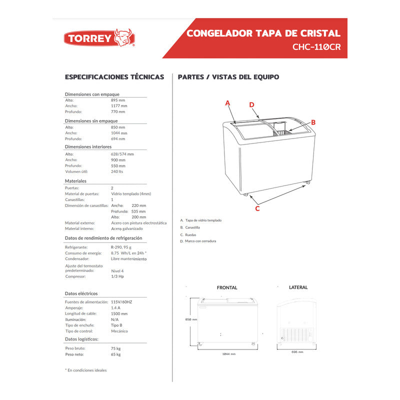 Congelador Paletero Vidrio Curvo Comercial Chc-110cr Torrey Blanco