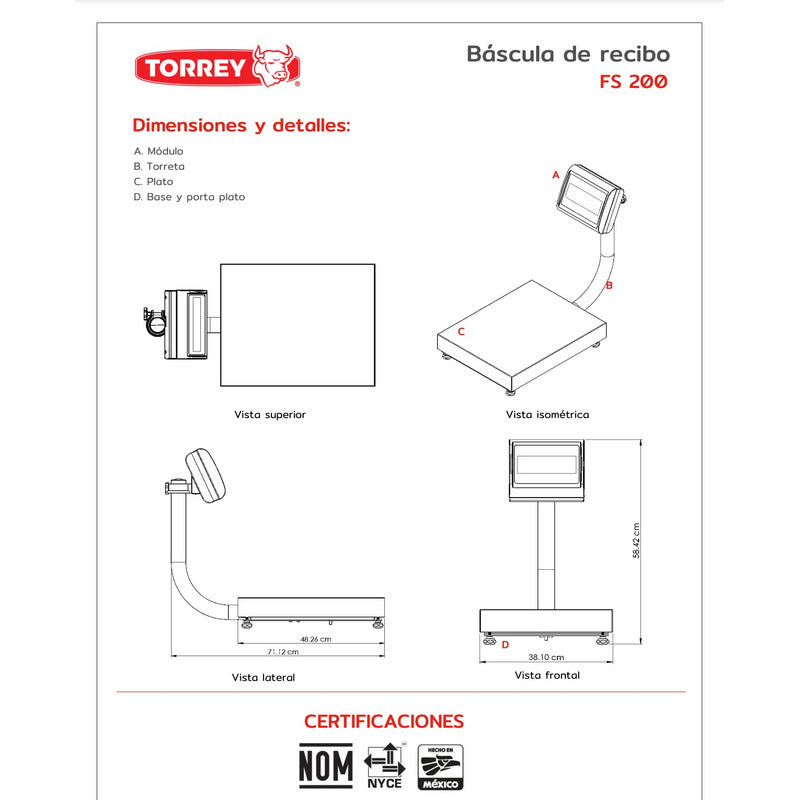Báscula Comercial Digital Torrey Fs-200 Kg 48 Cm X 38 Cm