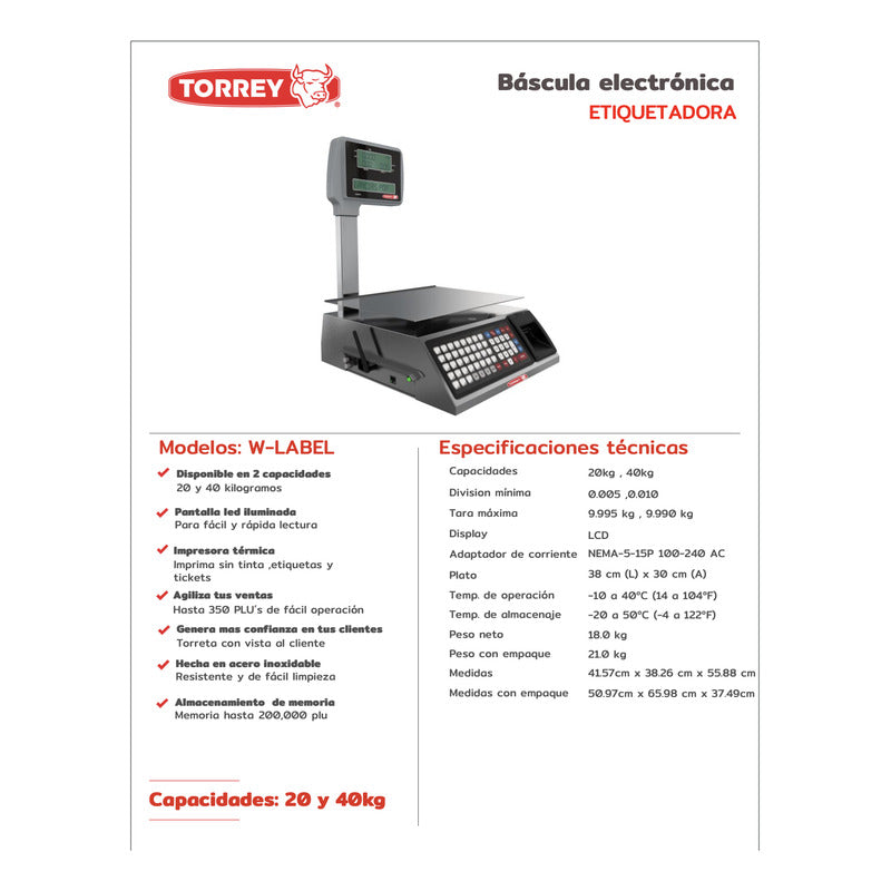 Báscula Etiquetadora Torrey W-label40 Kg A. Inox Conexión Pc