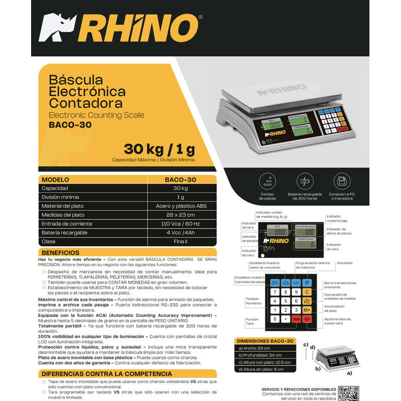 Báscula Contadora Digital Rhino Baco-30 Kg 28 cm X 23.5 cm