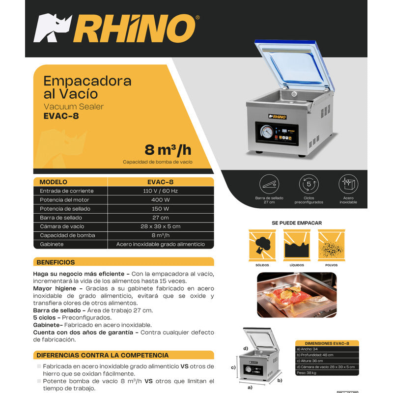 Empacadora Alto Vacío Rhino Evac-8