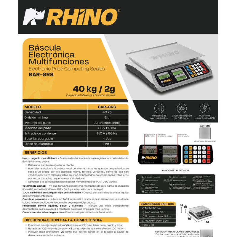 Báscula Comercial Digital Rhino Bar-8rs 40kg 33 cm X 25 cm Aluminio