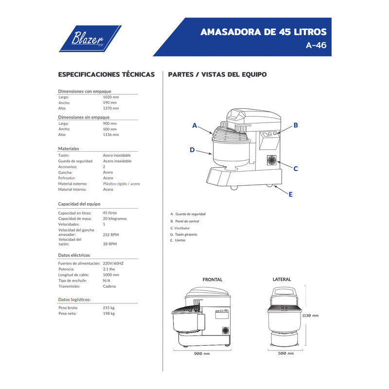 Amasadora Con Cuchilla Refinadora Blazer A-46 45 Litros 220v