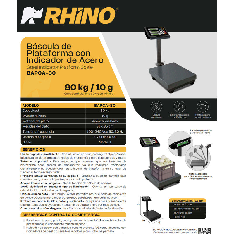 Báscula Comercial Digital Plataforma Rhino Bapca-80kg  Gris