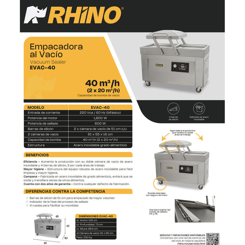 Empacadora Al Vacío Rhino Evac-40 4 Barras De Sellado 51 Cm