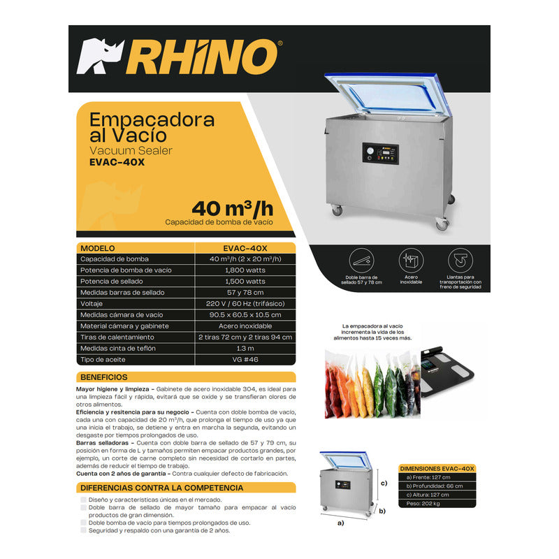 Empacadora Alto Vacío Rhino Evac-40x 40m 3/h Barra 57 Y 79cm