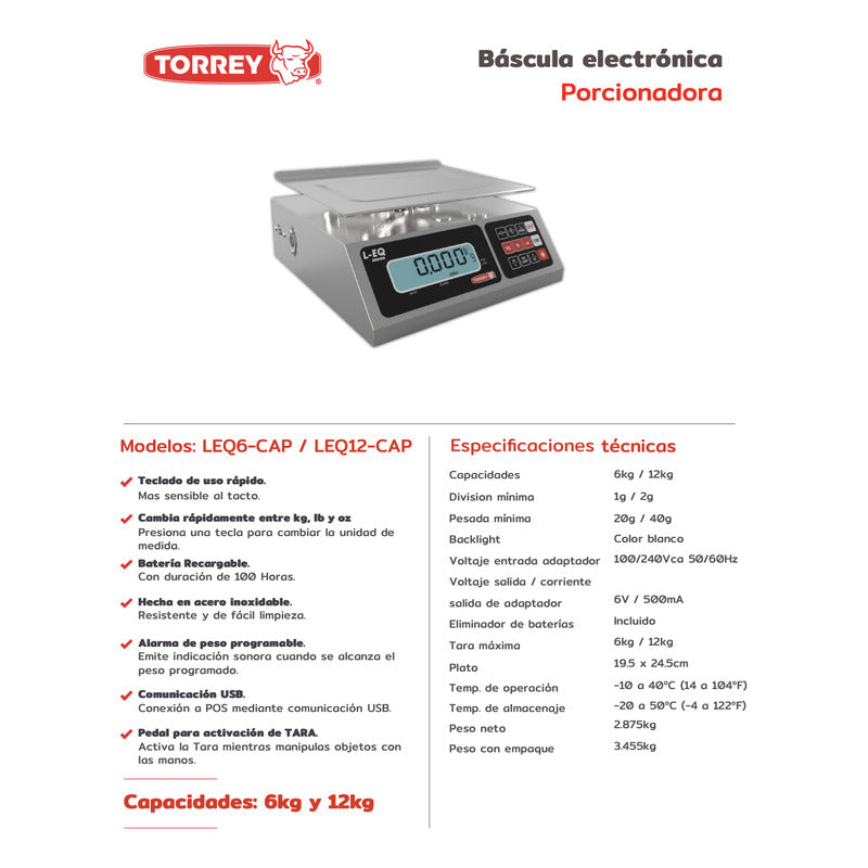 Bascula Digital Gramera Torrey Leq-6 Kg Porcionadora Usb Gris