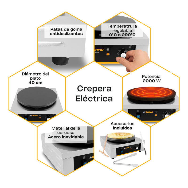 Crepera Eléctrica Rhino 2000w Con Teflón Antiadherente 40cm Gris