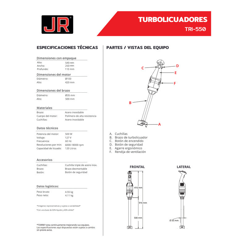 Turbo Licuadora De Inmersión Jr Tri-550 Para 120 Lts. Negro