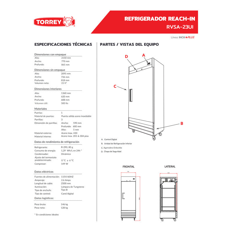 Refrigerador Comercial Torrey Rvsa-23ui Acero Inox 0° A 6°c Gris
