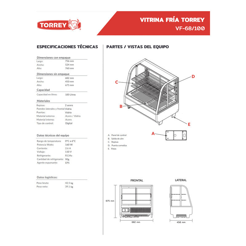 Vitrina Exhibidora Refrigerada Sobremesa Torrey Vf-68 Reyfri Curvo