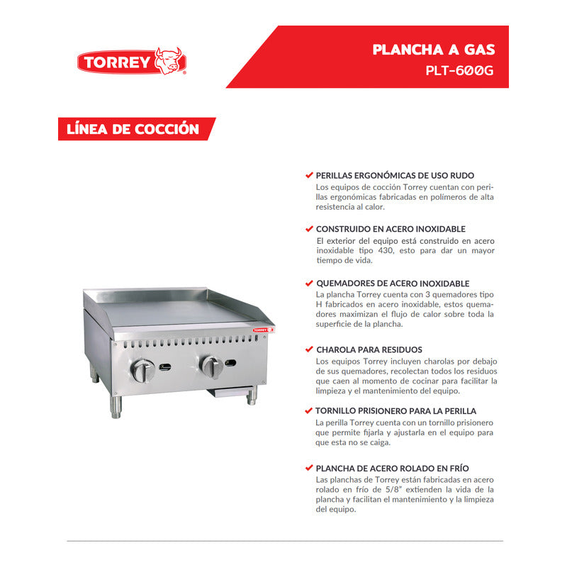 Plancha Industrial Torrey 2 Quemadores A Gas Plt-600g A.inox Gris