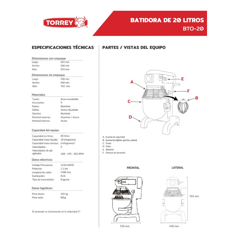 Batidora De Pedestal Industrial Torrey Bto-20 Gris 110 v Gris 60 Hz