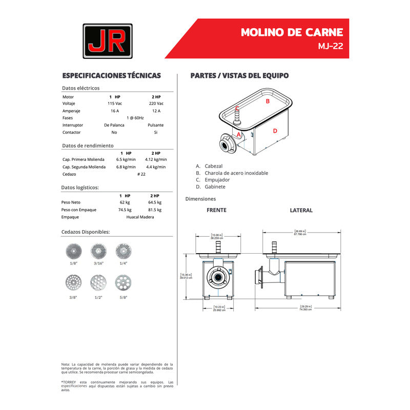 Molino De Carne Torrey Mj-22 1 Hp 115 V Profesional