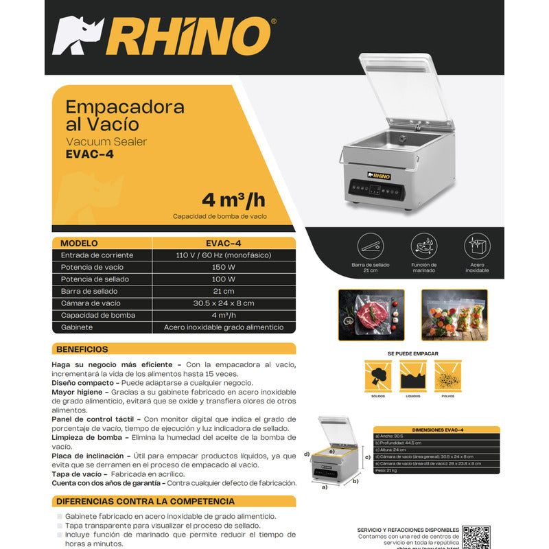 Empacadora Alto Vacío Rhino Evac-4 Acero Inoxidable