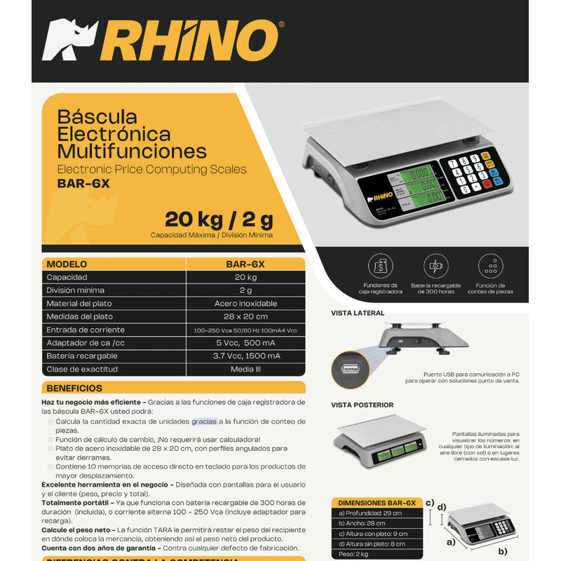 Báscula Comercial Digital Rhino Bar-6x 20 Kg Gris 28 X 20 Cm Gris