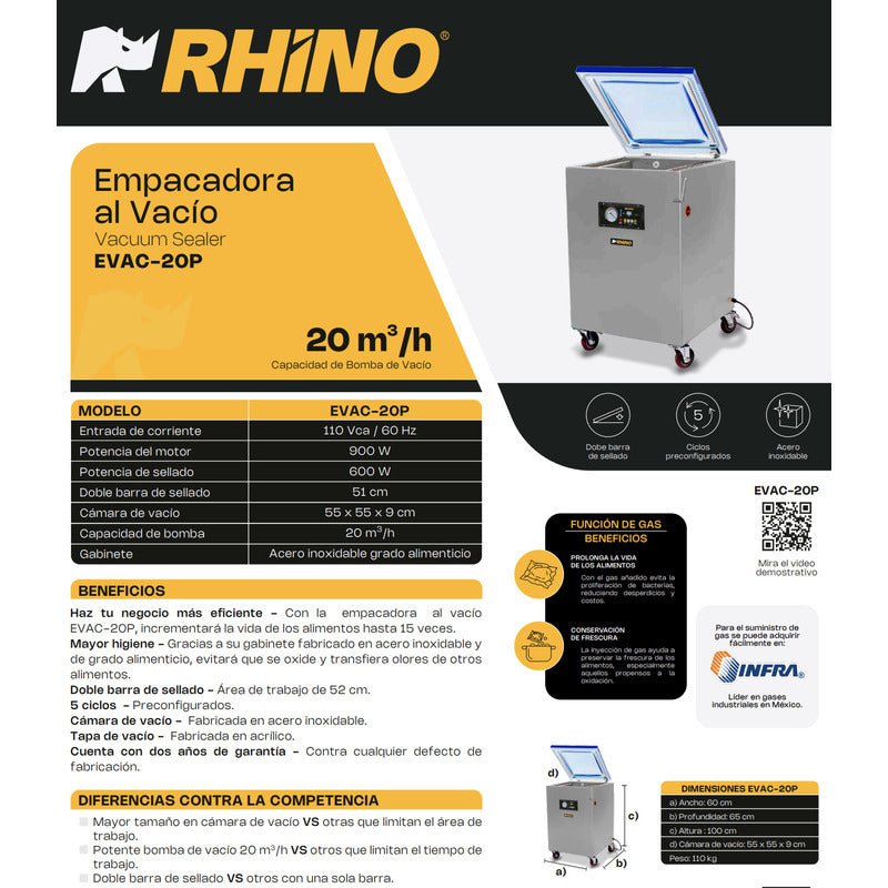 Empacadora Al Vacío Rhino Evac-20p Doble Barra Sellado 51 Cm