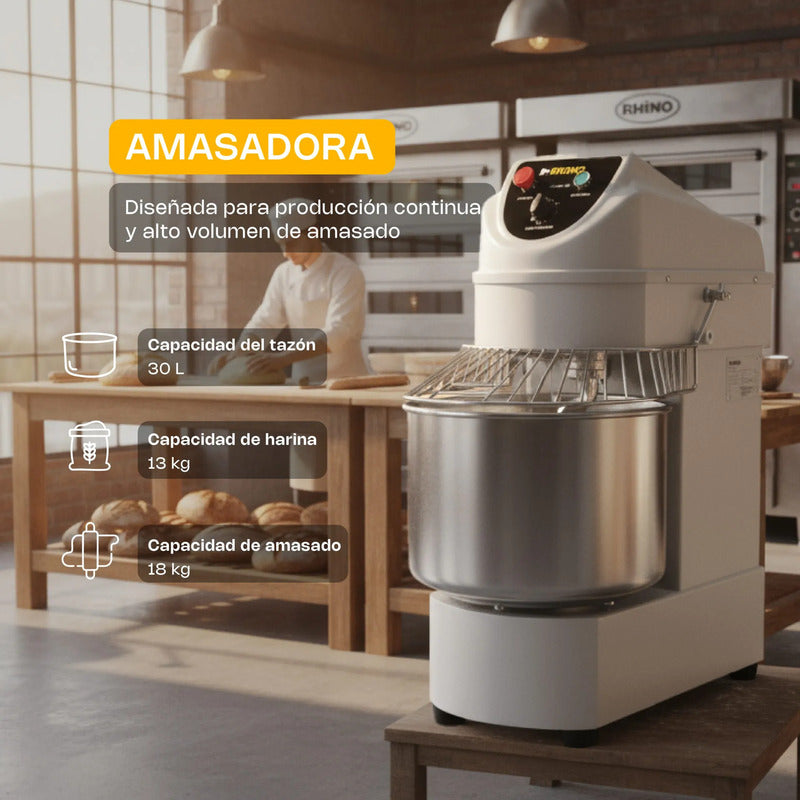 Amasadora Comercial Rhino Amasa-30 Lts 2hp Capacidad 13kg