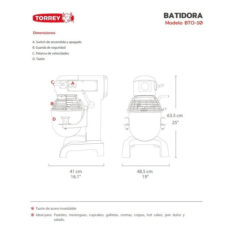 Batidora De Pedestal Industrial Torrey Bto-10 Gris 60 Hz 127 v