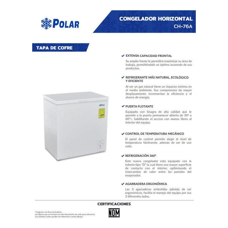 Congelador Horizontal Polar Ch-76a 198 Lts 1 Puerta Reyfri Blanco