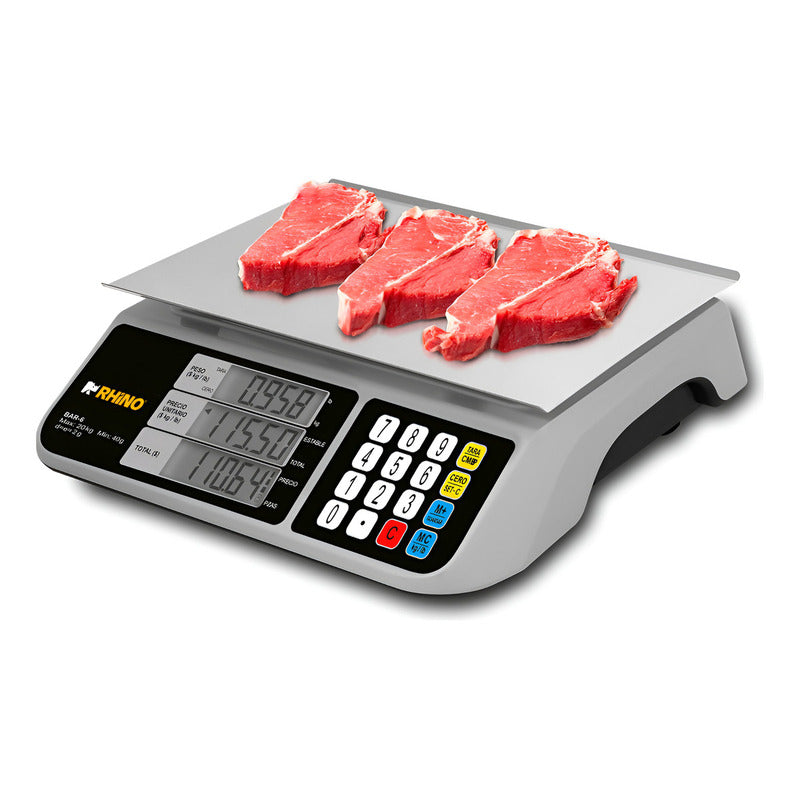Báscula Electrónica Digital Comercial 20kg Rhino Bar-6 Gris, Precisión 2 Gramos, Pantalla Lcd, Batería Recargable, Charola Acero Inoxidable Cocina Negocio