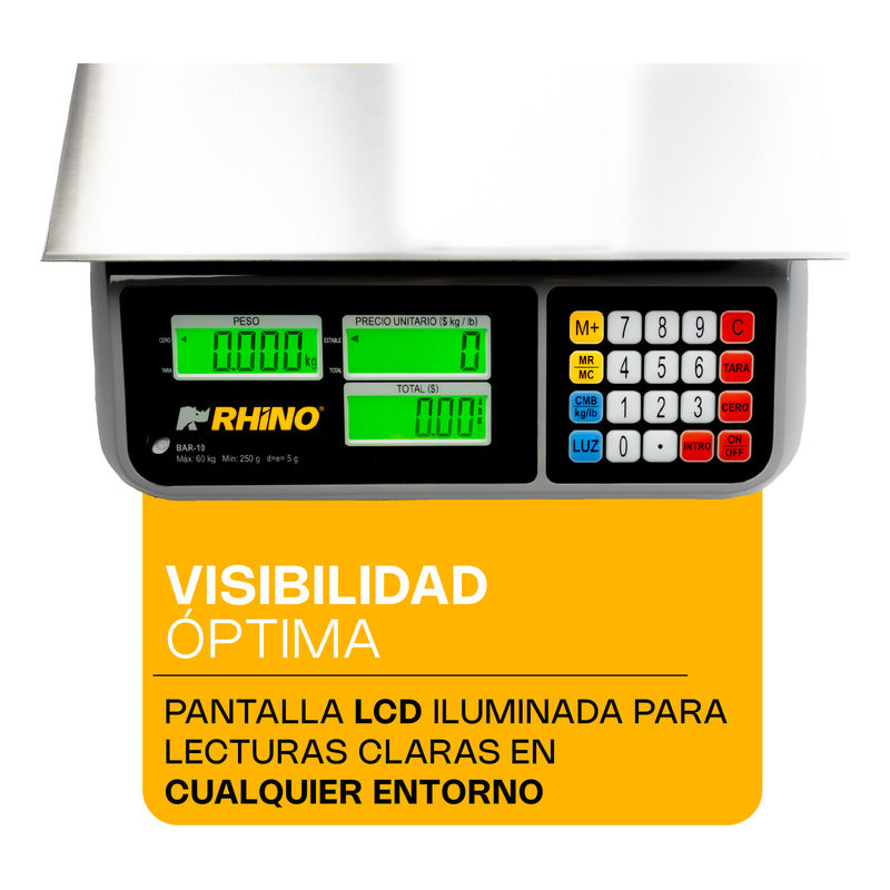 Báscula Comercial Digital 60 Kg Rhino Bar-10 + Cable Usb Gris
