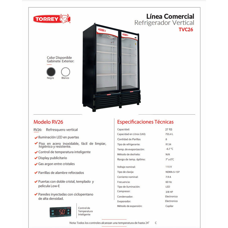 Refrigerador Comercial Vertical Torrey Tvc-26 0°c A 7°c  Blanco