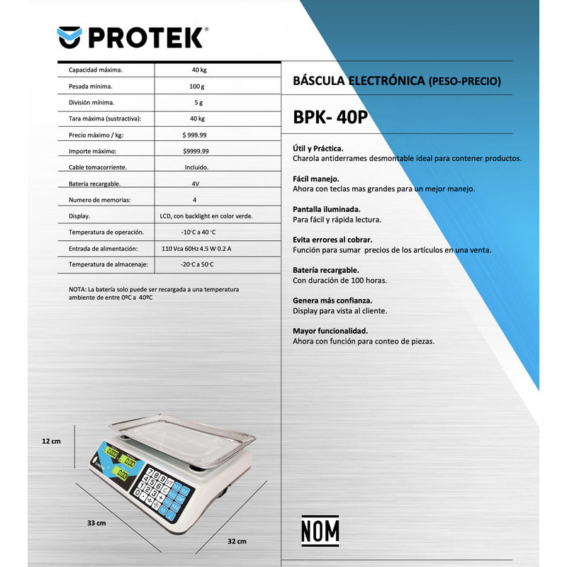 Báscula Comercial Digital Protek Bpk-40p 40 Kg 110 Vca Blanco/azul/negro