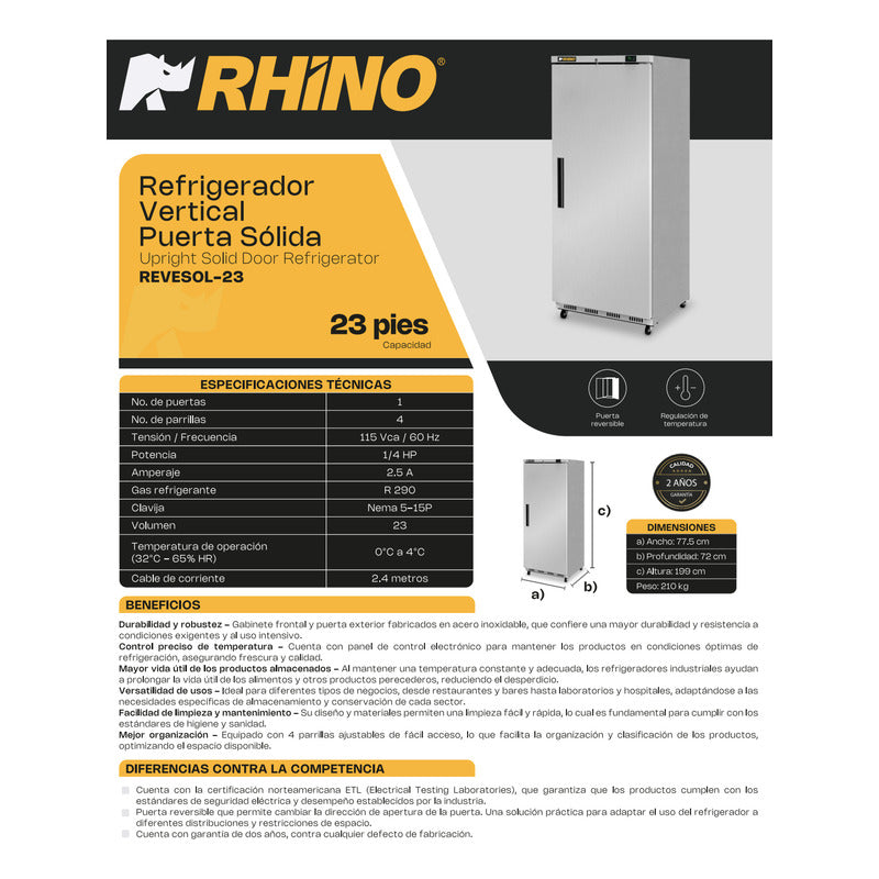 Refrigerador Vertical Rhino Revesol-23 0 °c A 4 °c 23 Pies Gris