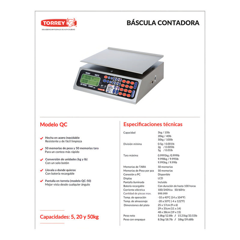Báscula Contadora Torrey Acero Inoxidable Qc-5 Kg Lcd 25.2cm X 17.3cm