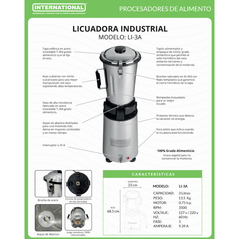 Licuadora Industrial International Li-3 Litros Acero Inox. Acero Inoxidable
