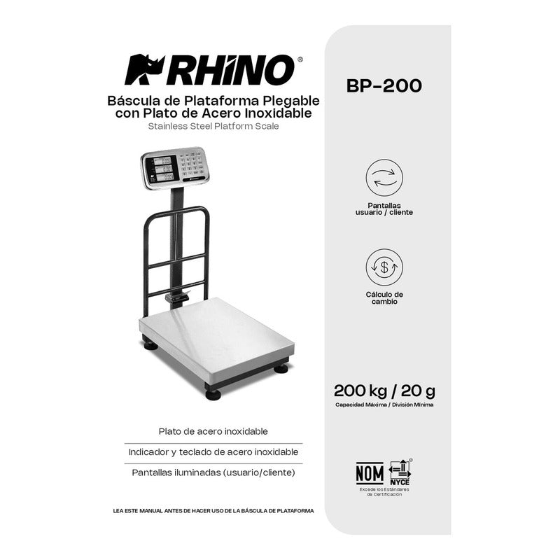 Báscula Plataforma Digital Bp-200 Kg Rhino Acero Inox. Color Gris