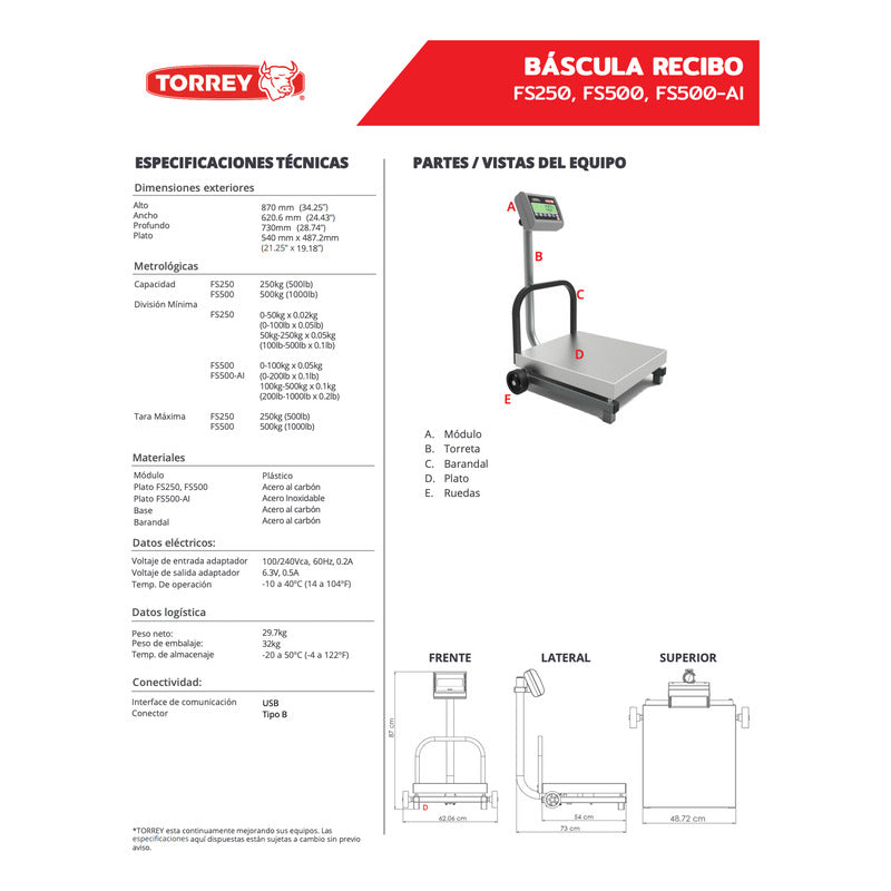 Báscula Industrial Digital Torrey Fs-500 Kg 54x50 Cm Reyfri Blanco