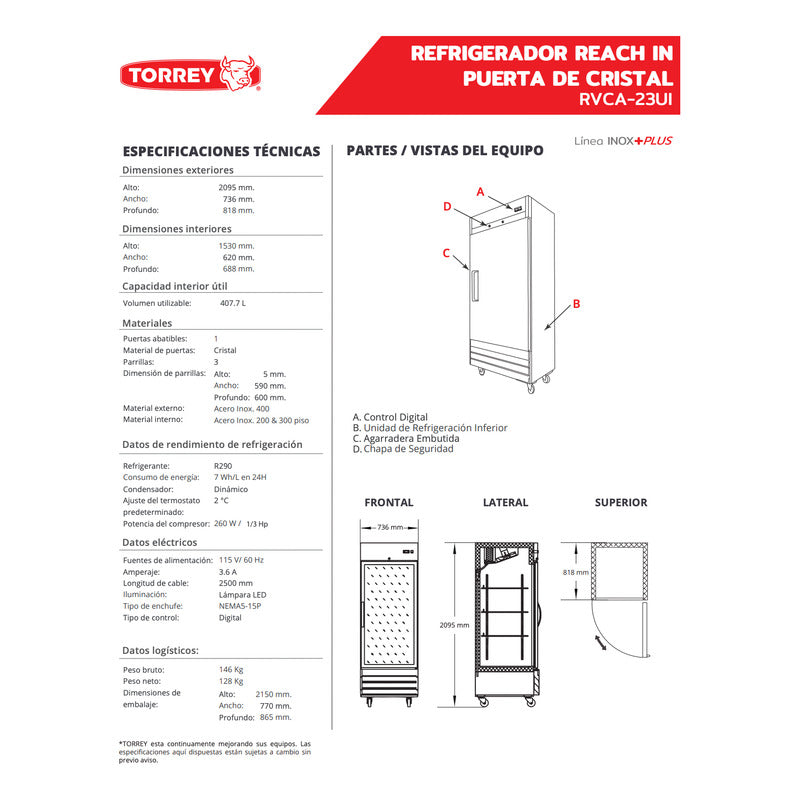 Refrigerador Rach In Torrey Rvca-23ui Acero Inox Reyfri Plateado