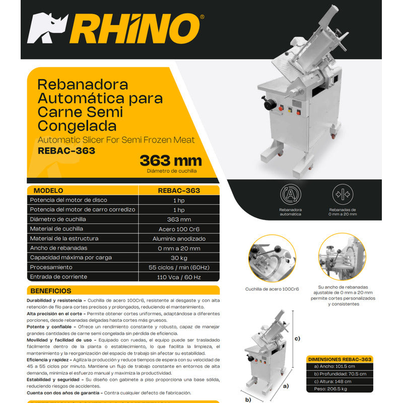 Rebanadora Automática Rhino Rebac363 Carnicera Semicongelada Gris