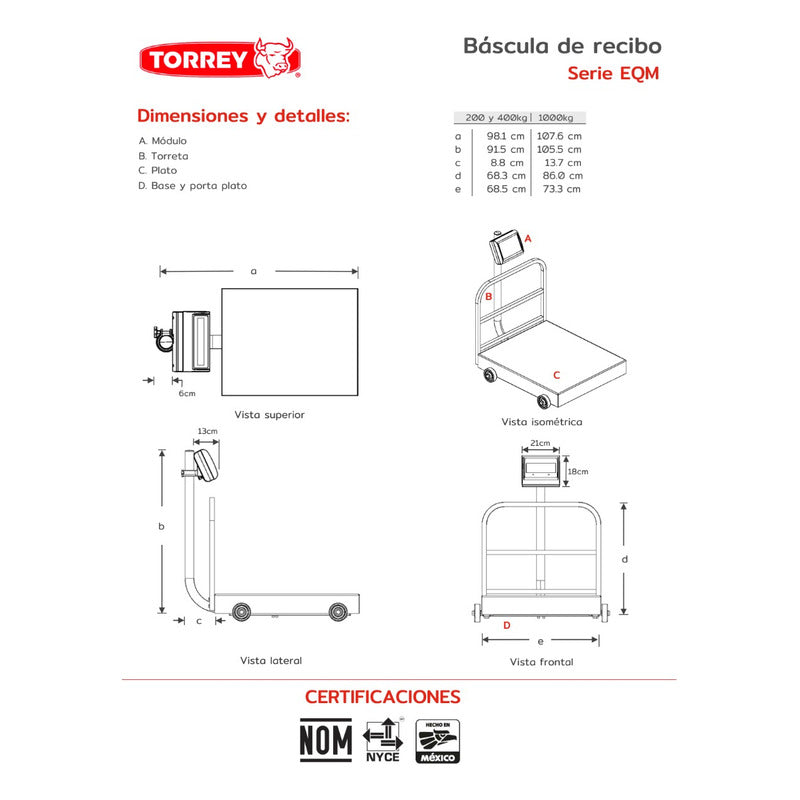 Báscula Industrial Digital Torrey Eqm-400 Kg 83 cm X 68 Cm