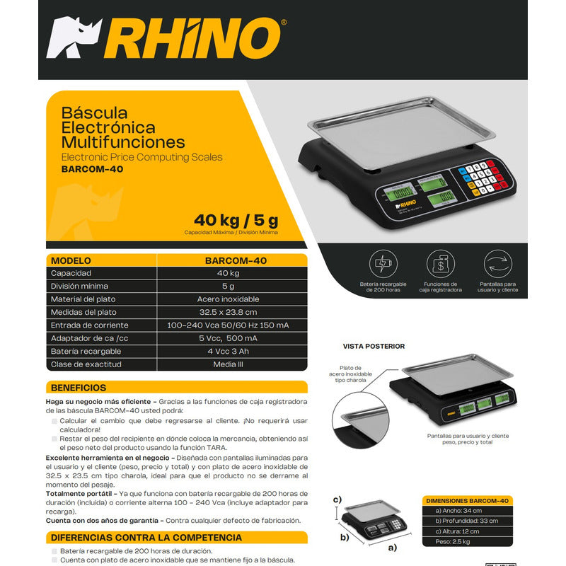 Báscula Comercial 40kg / 5g Charola Acero Barcom-40 Rhino Negro