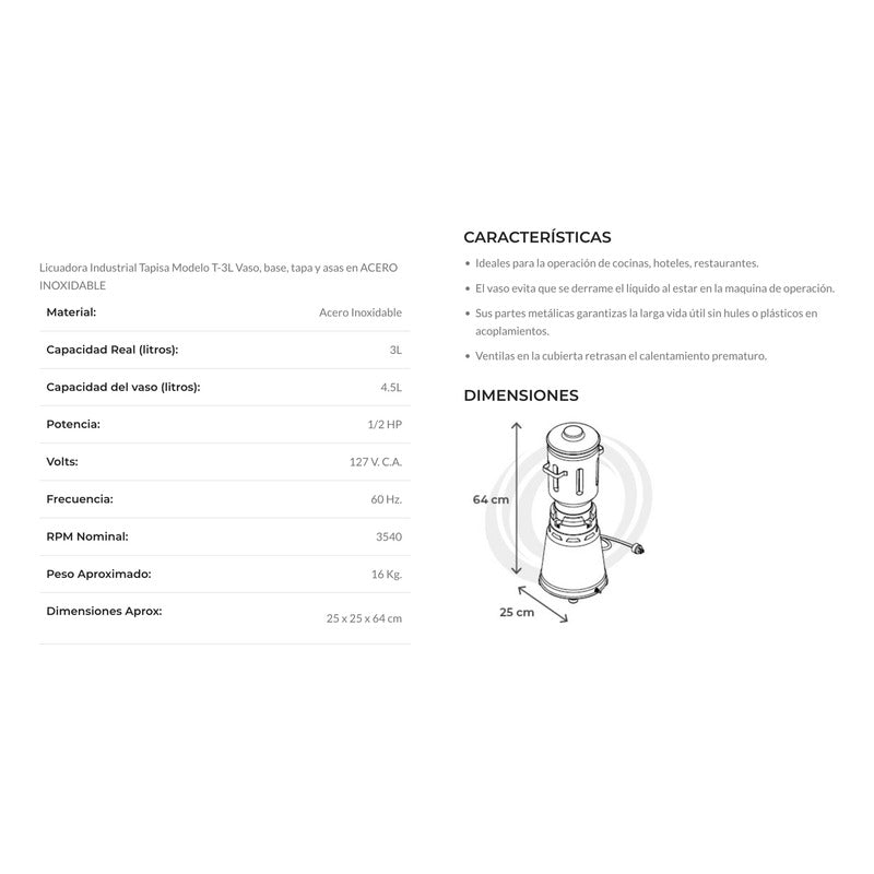 Licuadora Industrial Tapisa T3l 4.5 L Acero Inoxidable 127v Acero Inoxidable