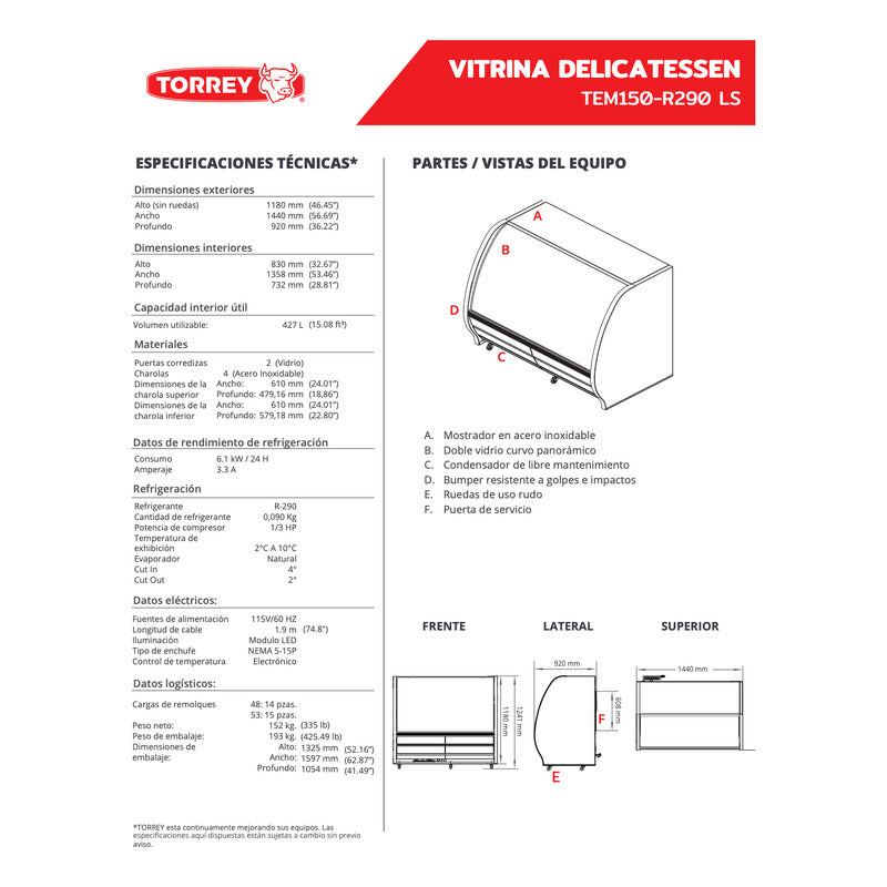 Vitrina Delicatessen Torrey Tem150ls-n De 1.5 M 2°c A 10°c Curvo