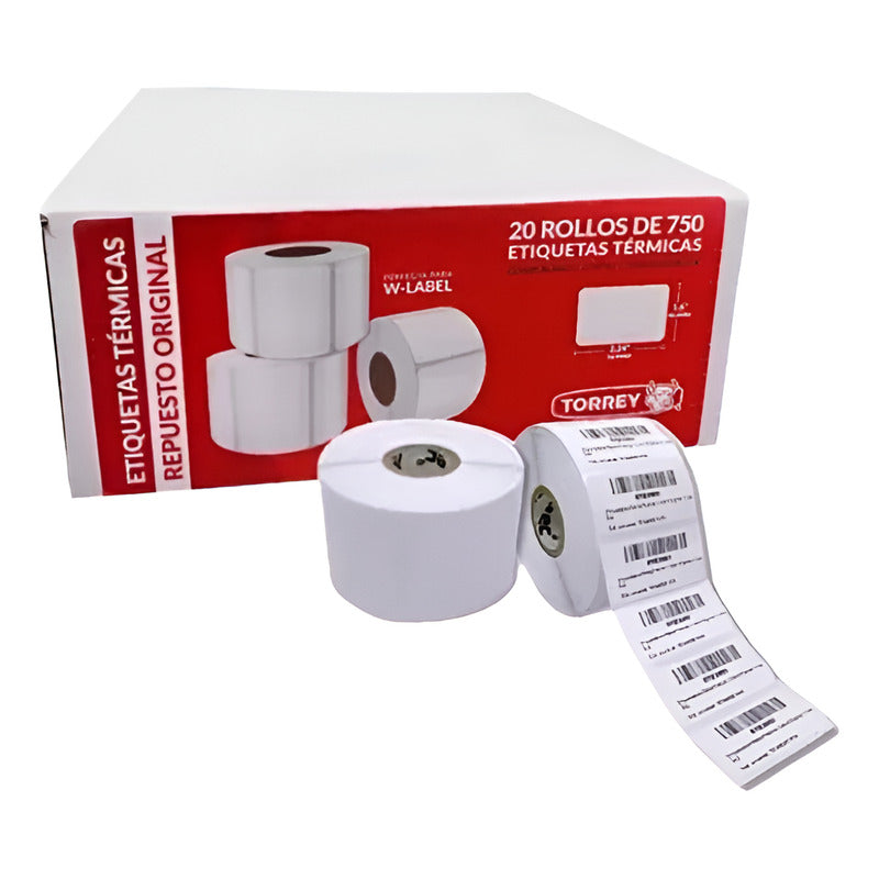 Caja Con 20 Rollos De 750 Etiquetas Térmicas Bascula Torrey Blanco