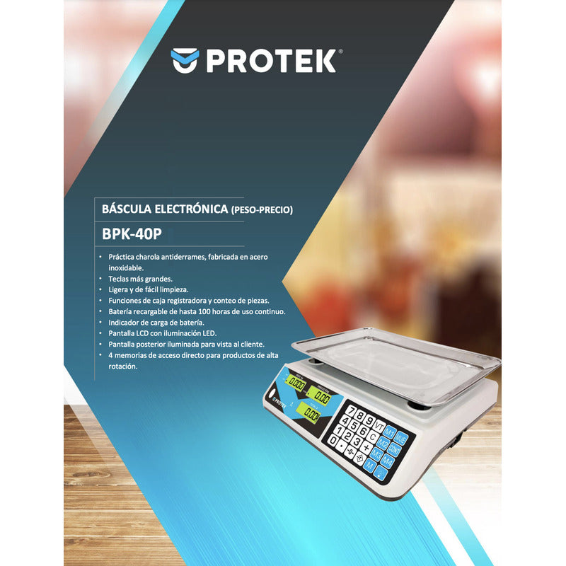 Báscula Comercial Digital Protek Bpk-40p 40 Kg 110 Vca Blanco/azul/negro