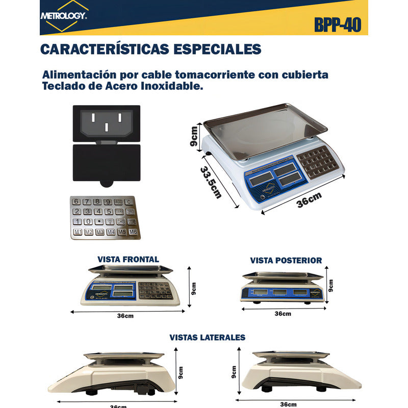 Báscula Comercial Digital Metrology Bpp-40 40kg Blanco 30 Cm X 22 Cm