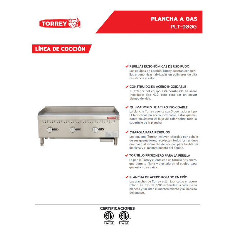Plancha A Gas 3 Quemadores Torrey Plt-900g Acero Inoxidable Gris