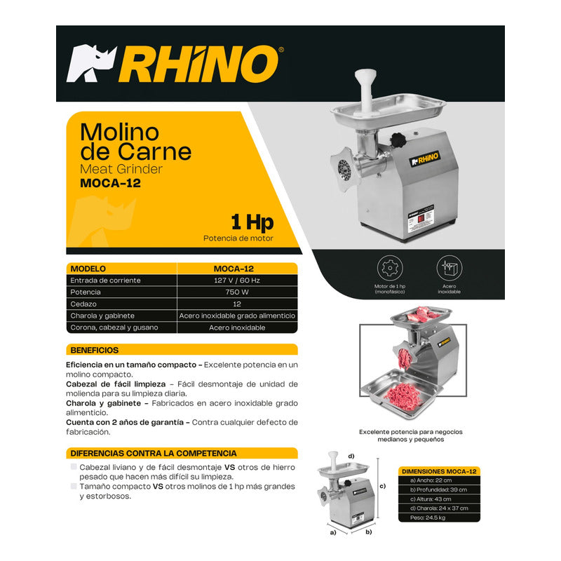 Molino Para Carne 1 Hp Marca Rhino Moca-12 Acero Inoxidable