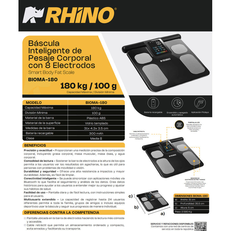 Bascula Digital Corporal 8 Electrodos Rhino Bioma-180kg App Negro