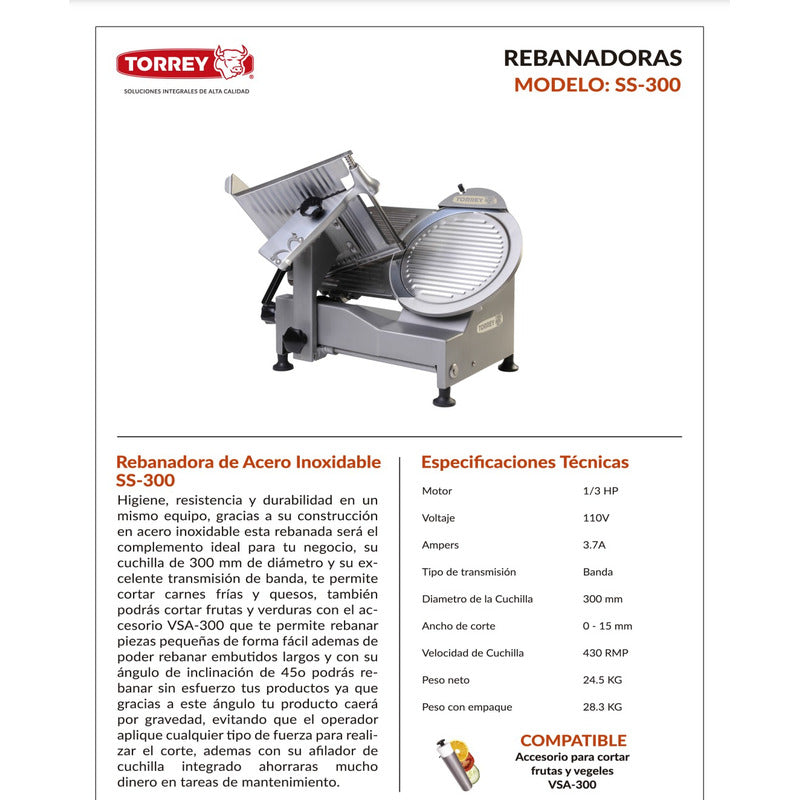 Rebanadora Torrey Ss-300 A. Inox Cuchilla Acero 300 Mm
