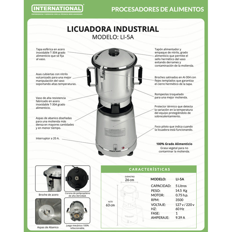 Licuadora Industrial International Li-5 Litros Acero Inox. Acero Inoxidable