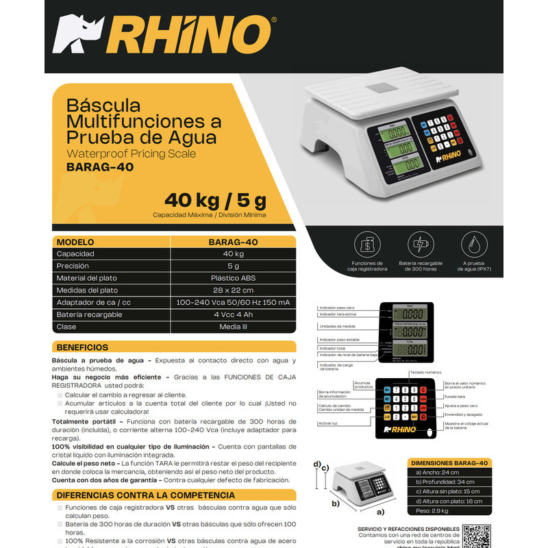 Báscula Comercial Digital A Prueba De Agua Rhino Barag-40 Kg Blanco